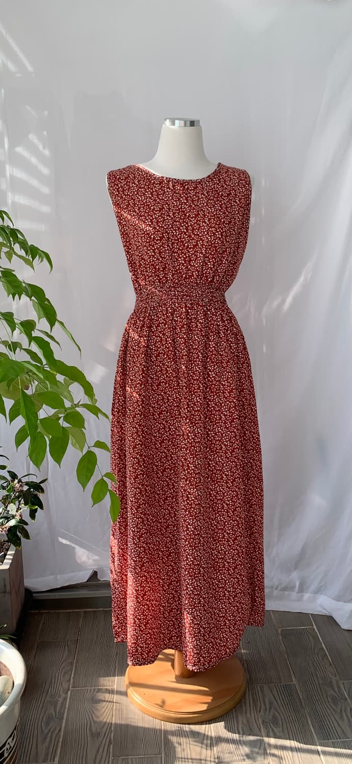 레드 플라워 슬리브 나시 원피스 상품이미지1