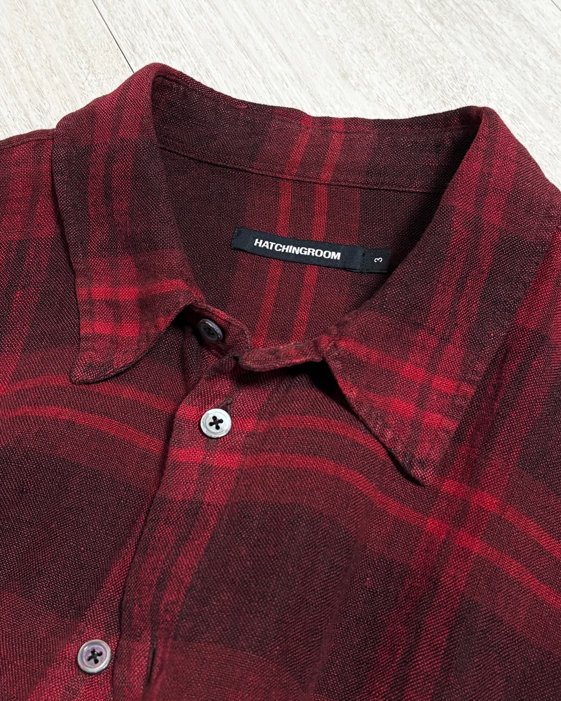 [3]해칭룸 클래식 셔츠 린넨 빅 체크 다크 레드 상품이미지5