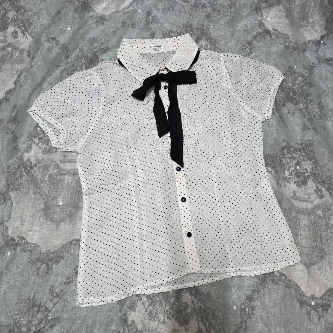 빈티지 리본 반팔 퍼프 화이트 도트 블라우스 갸루 모리 상품이미지2