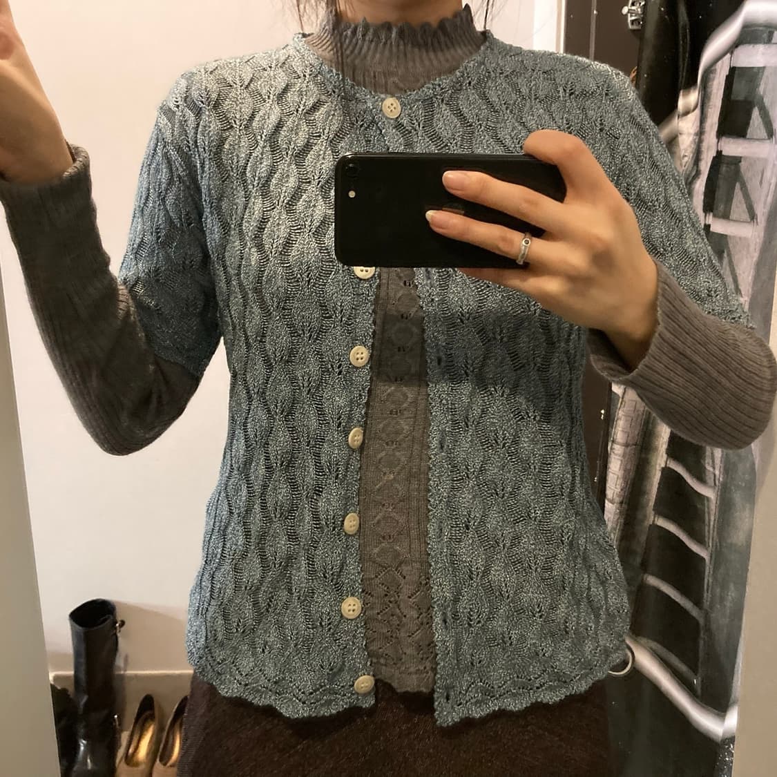 네트 레이어드 니트 반팔 가디건 상품이미지2