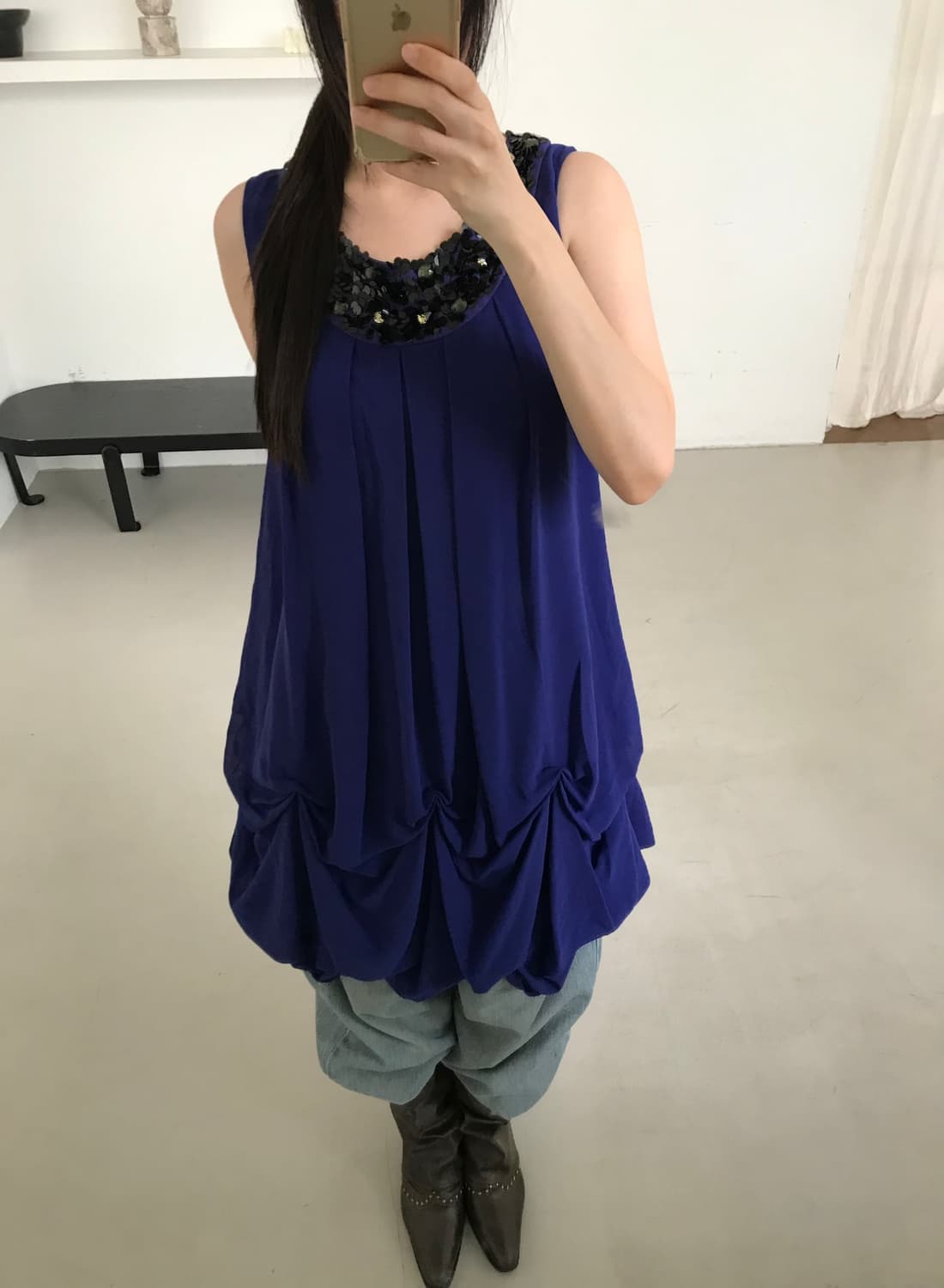 vintage navy draped balloon one-piece 상품이미지1
