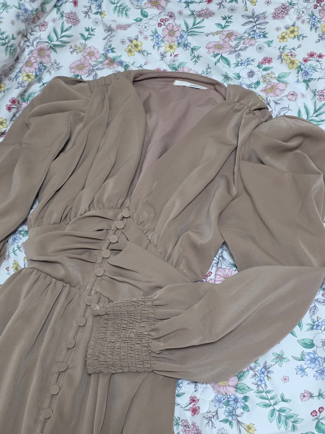 유럽무드 빈티지)브라운 하객룩 로맨틱모리걸 자라깔 스모크퍼프 롱원피스 상품이미지3