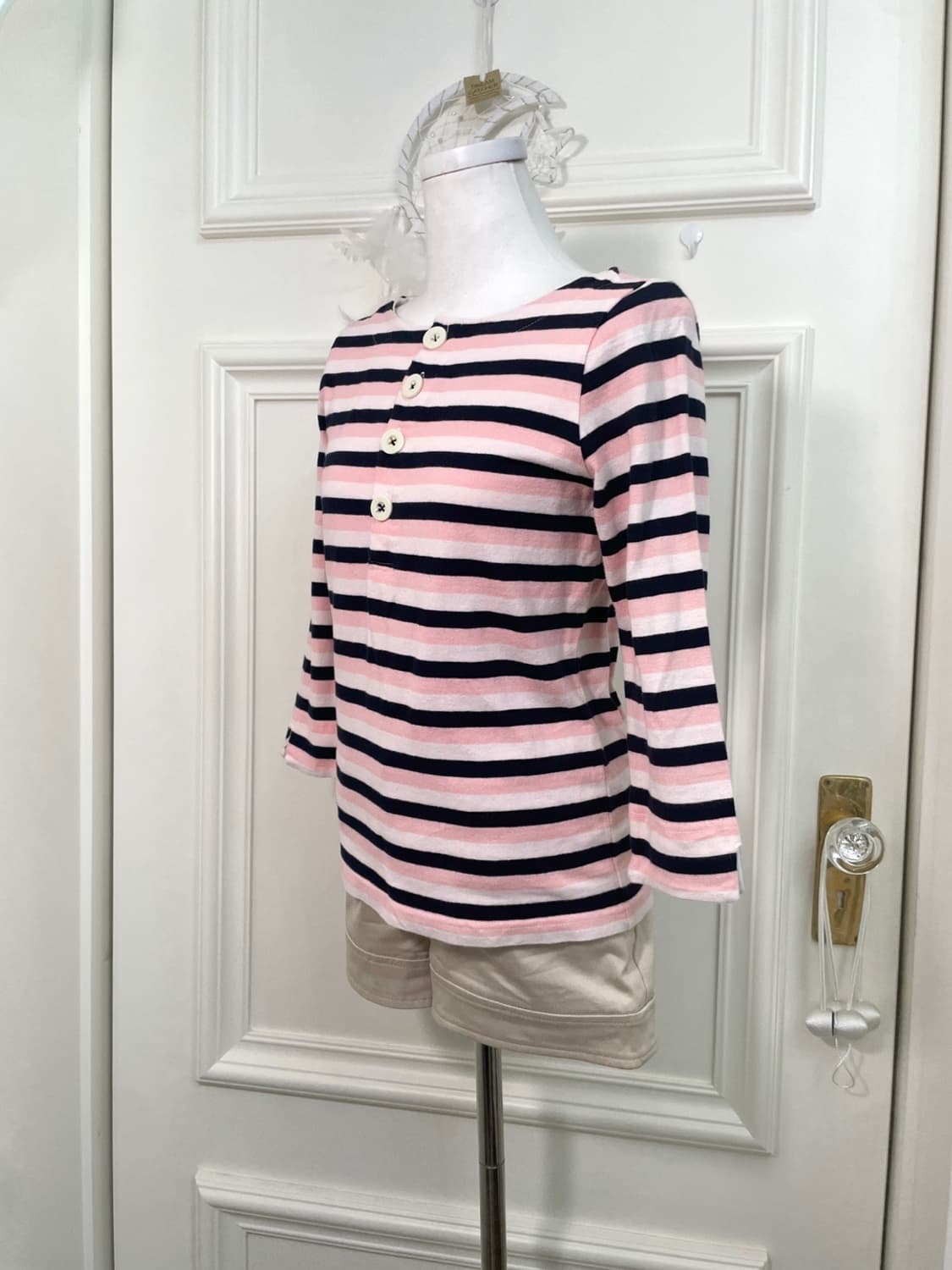 pink stripe button point cotton top 상품이미지2