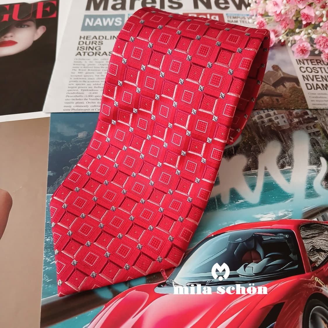 밀라숀 실크 레드 기하 패턴 넥타이 9.4cm A등급 A19300
 상품이미지2