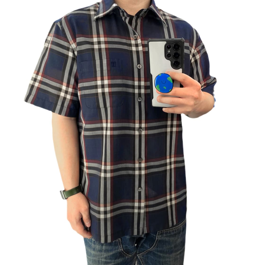 100 닥스 네이비 체크 반팔셔츠 폴리 모 혼방 상품이미지1