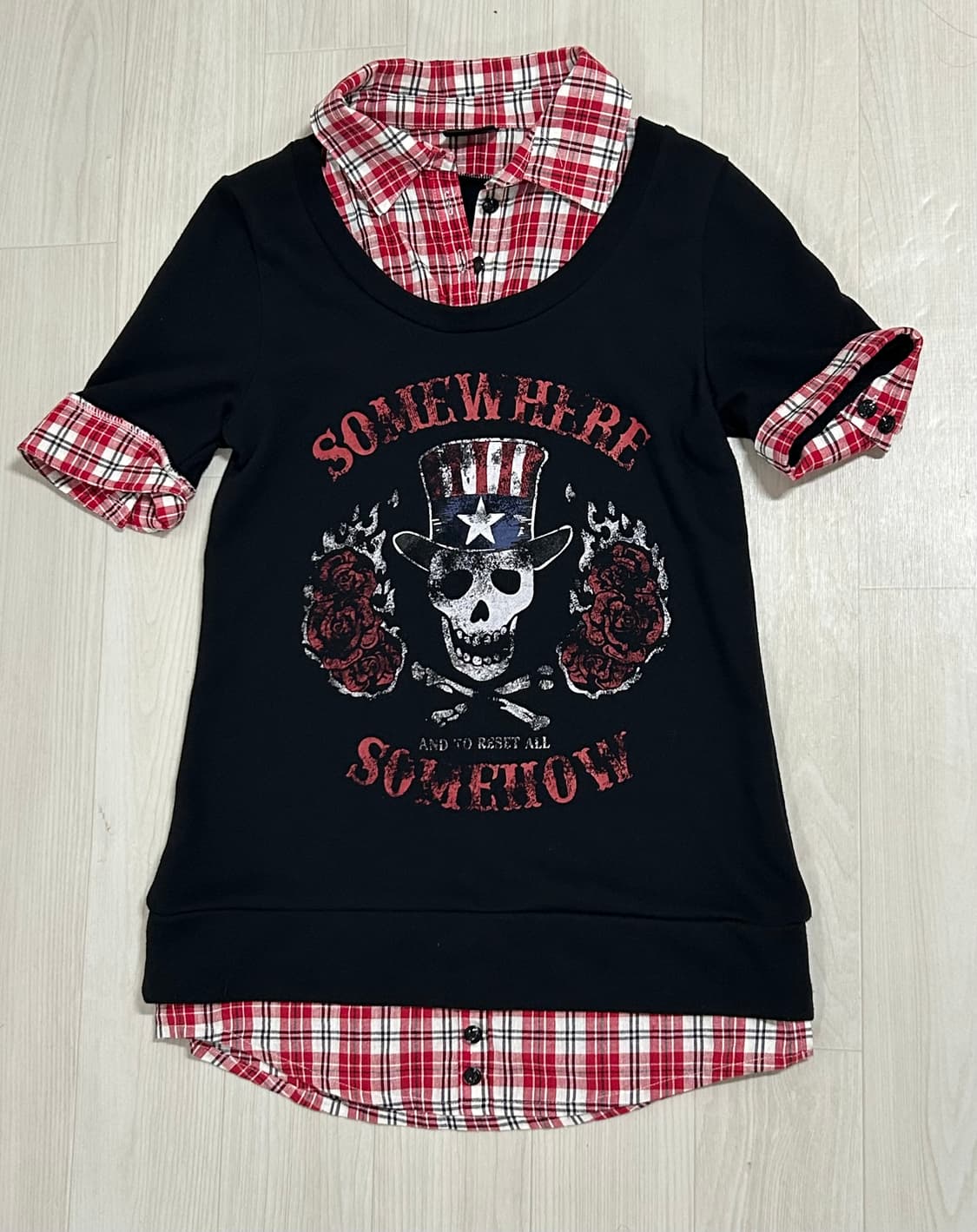 케케체깔 체크레이어드 펑크 성조기 반팔 탑 상품이미지1