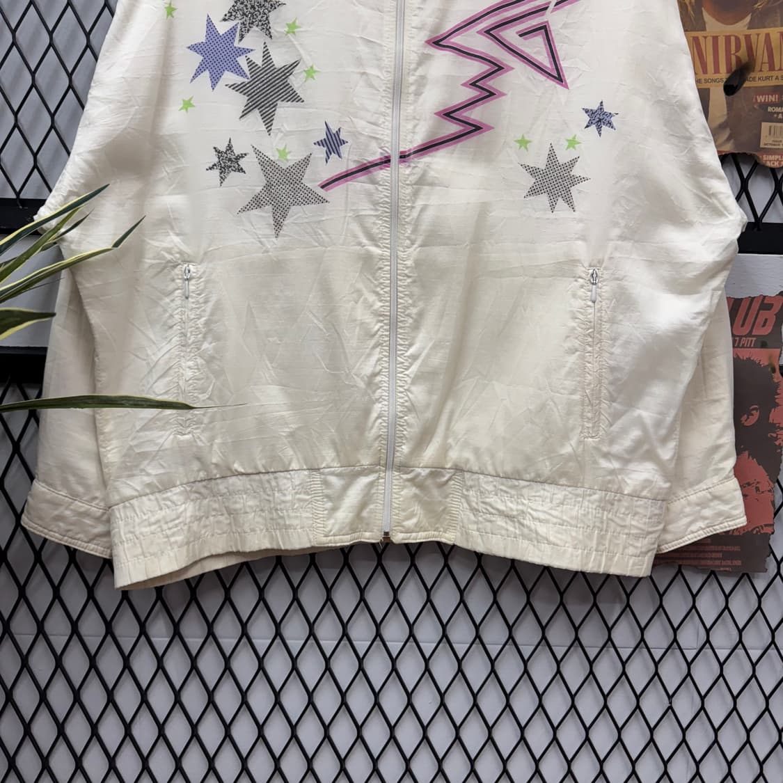 00s 아디다스 올드스쿨 바람막이 별 패턴 네온 컬러 포인트 화이트 상품이미지4