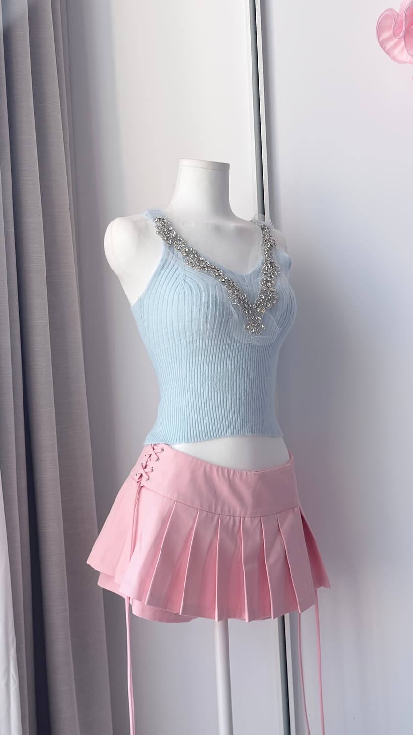 수입의류/ 큐빅 니트 슬리브리스 스카이블루 상품이미지4