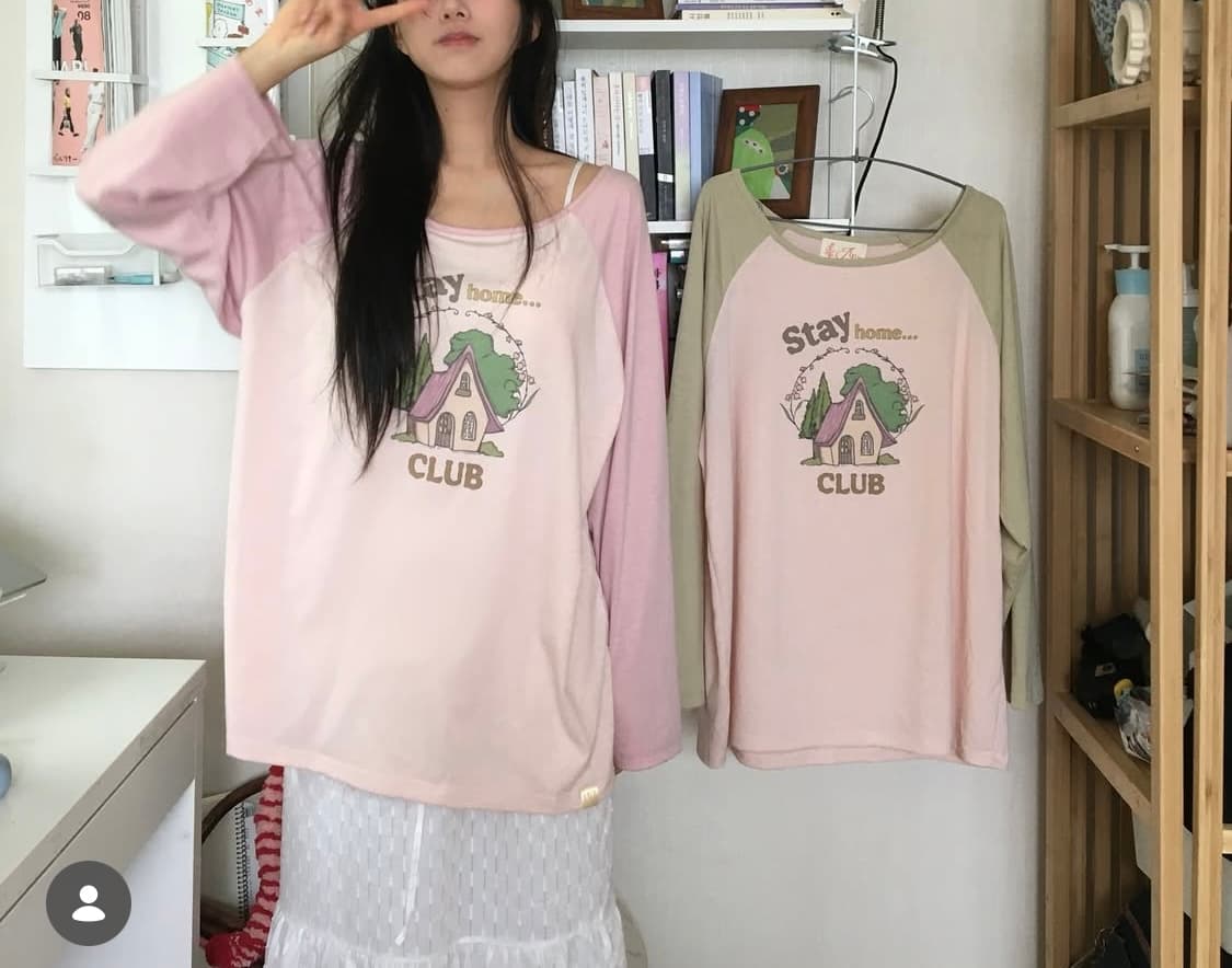 안즈anz 빈티지 스테이 홈 클럽 홈웨어 티셔츠  핑크 상품이미지1