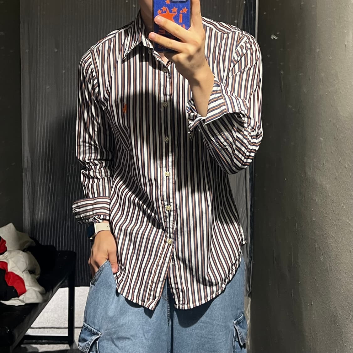 폴로랄프로렌 네이비 오렌지 스트라이프 오렌지포니 커스텀핏 코튼 남방 셔츠 상품이미지2