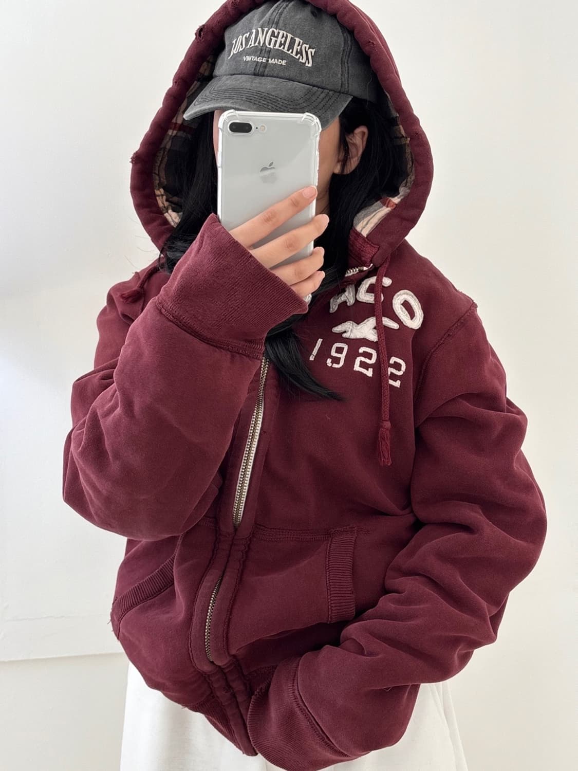 홀리스터 안감 체크 버건디 후드집업 상품이미지2