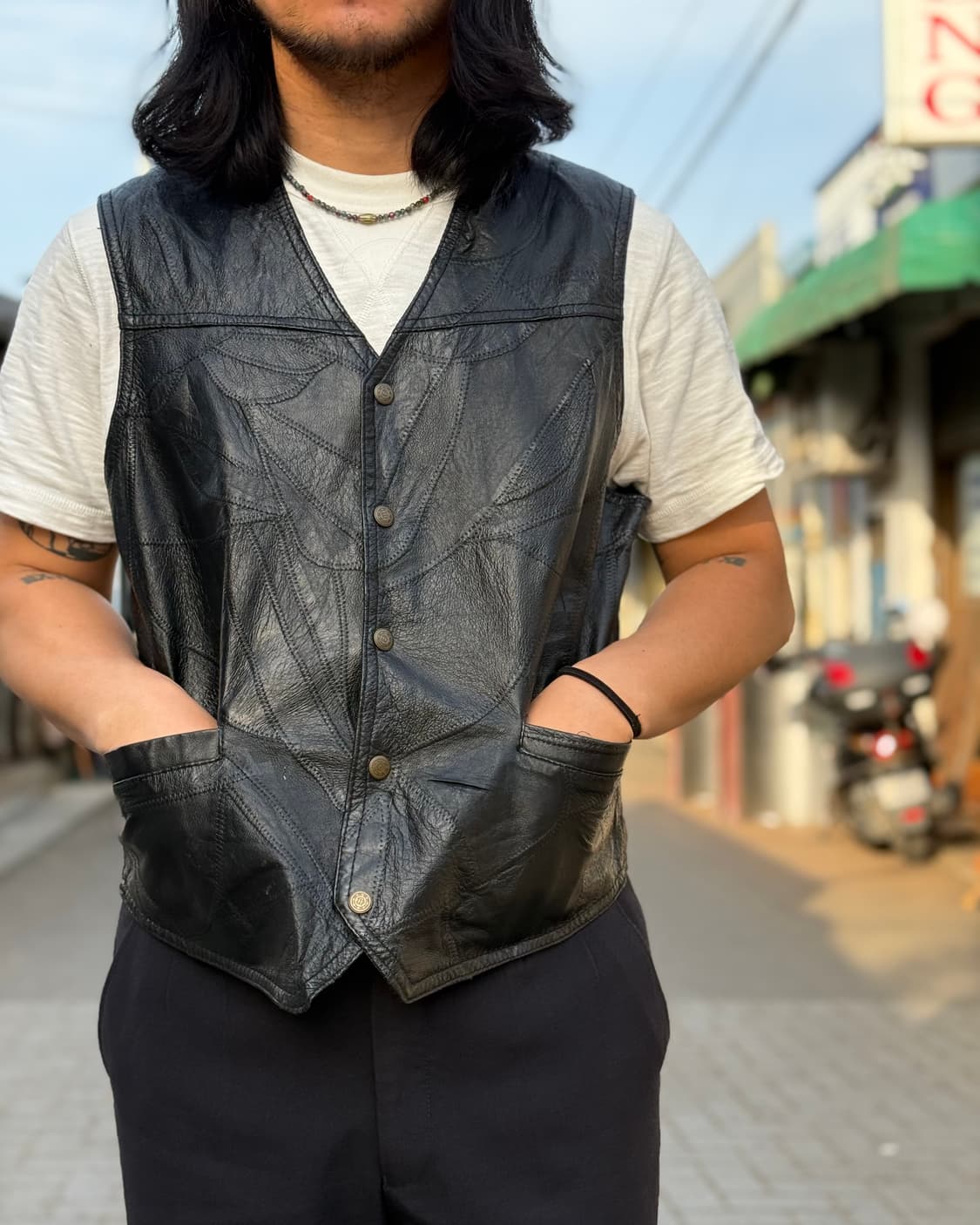 90-00‘s 나바르 레더 이탈리안 스톤 디자인 레더 베스트 L 상품이미지8