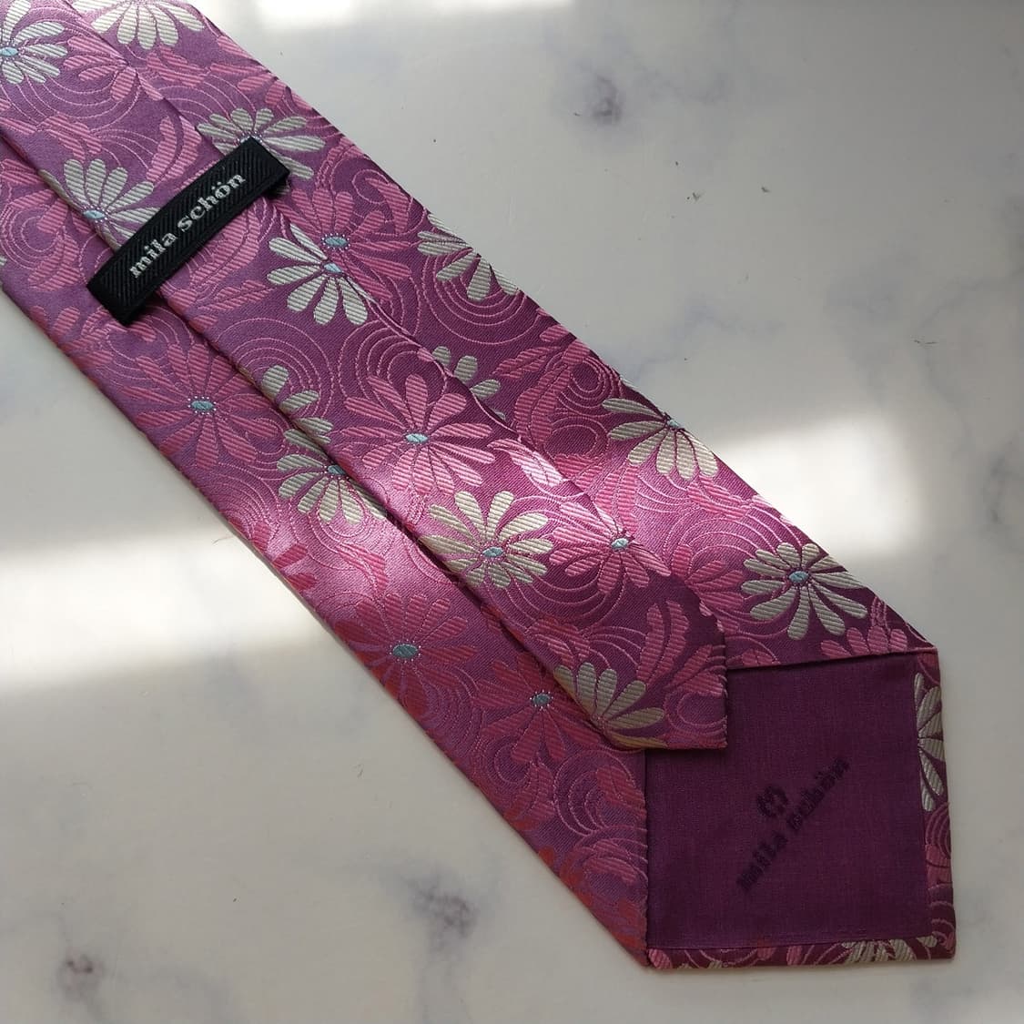 밀라숀 실크 핑크 플라워 자수 패턴 넥타이 9.9cm A+등급 K2362 상품이미지8