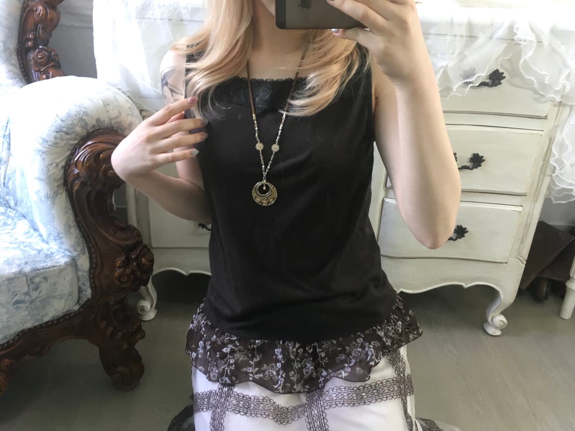 일본빈티지 브라운 레이스 프릴 슬리브리스 상품이미지2