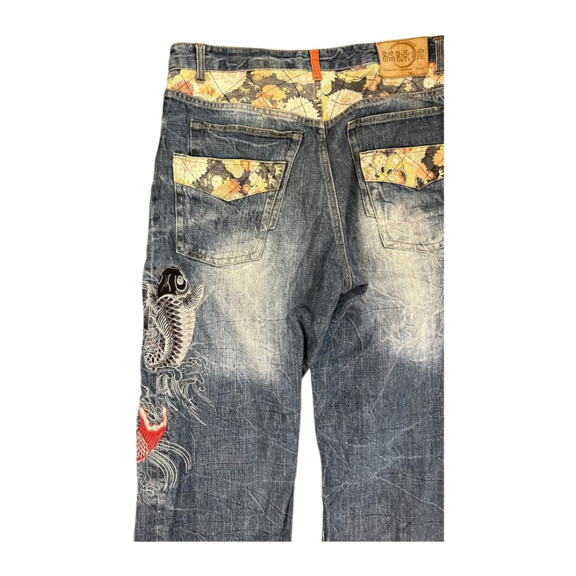 2XL) 카라쿠리 타마시 잉어&국화 자수 와이드 데님팬츠 BD-071 상품이미지8