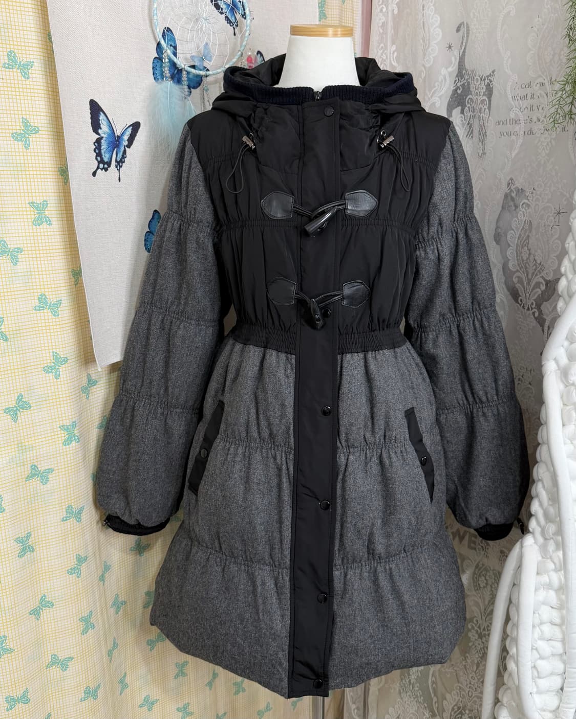 블랙 & 그레이 후드 더플 패딩 자켓 상품이미지6