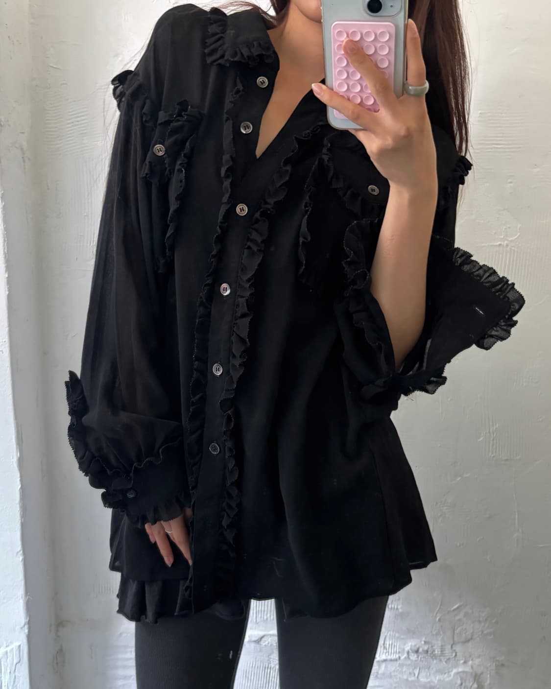 Moschino 모스키노 밀라노 블랙 러플 시어 블라우스 상품이미지1