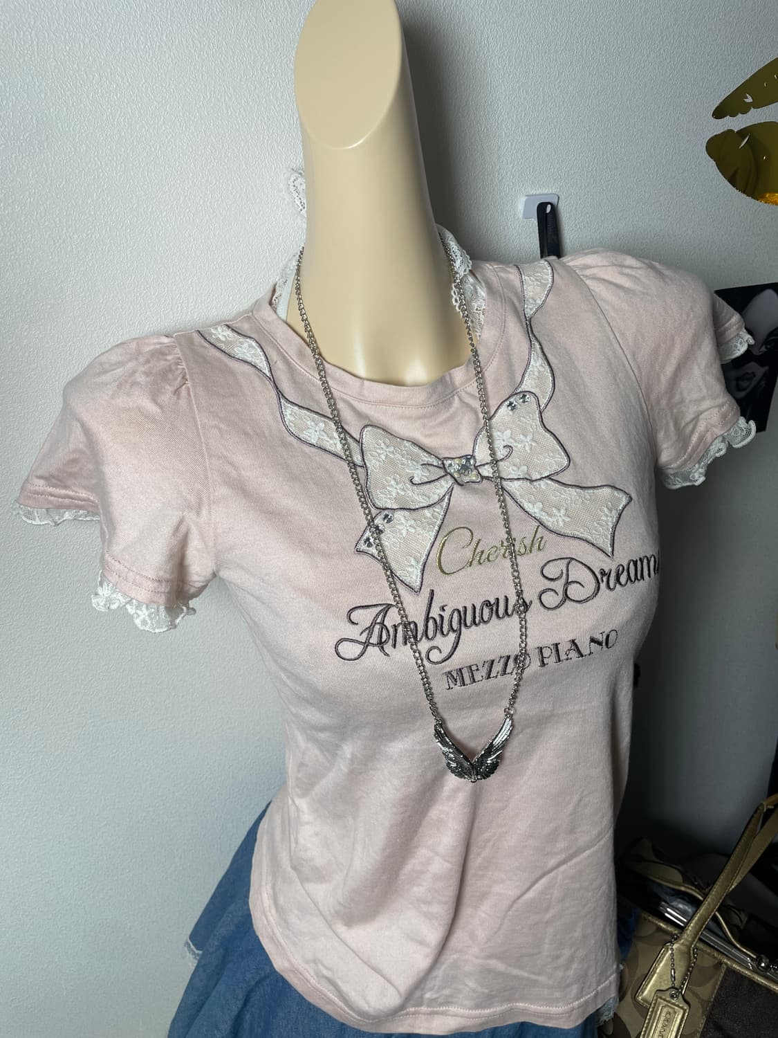 빈티지 리본 연핑크 반팔 티셔츠 상품이미지2