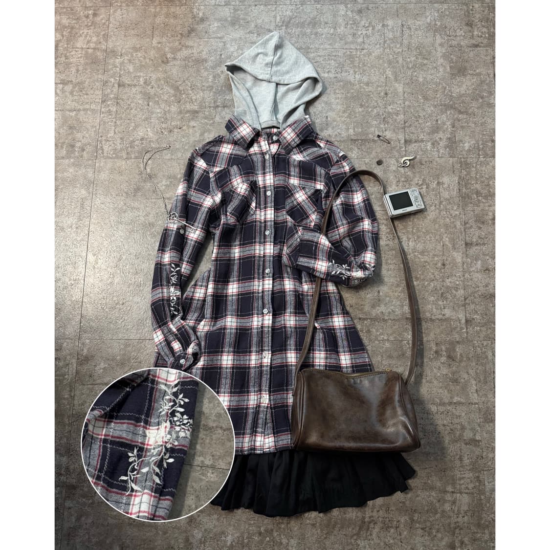 플라워 자수 슬리브 후드 셔츠 원피스 상품이미지2