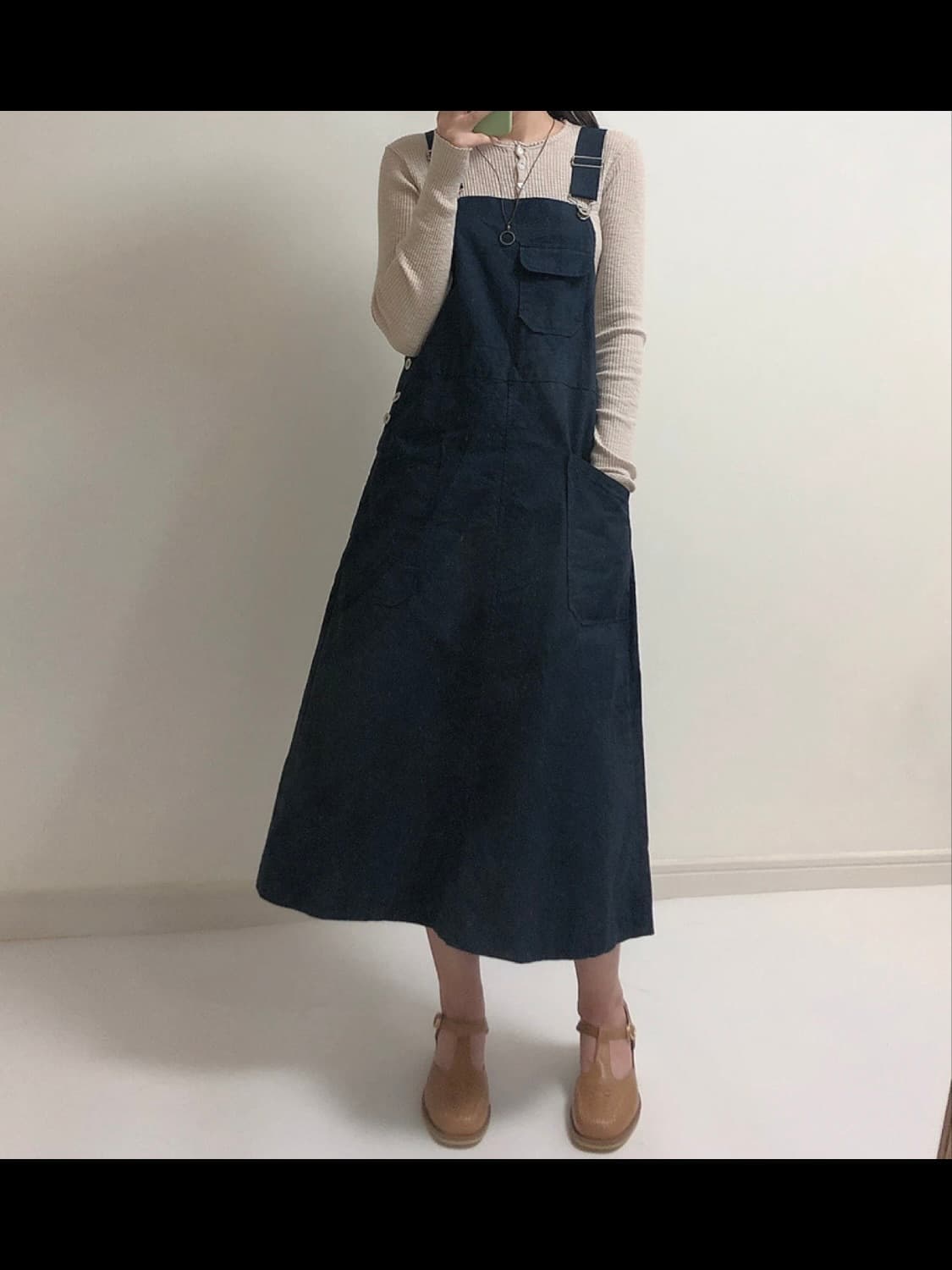 네이비 멜빵 롱 코튼 면 원피스 상품이미지2