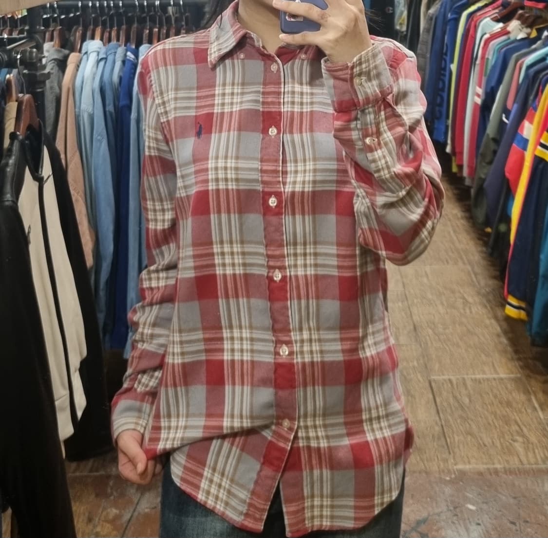 [Hi] 폴로 긴팔 체크 셔츠 레드 상품이미지1