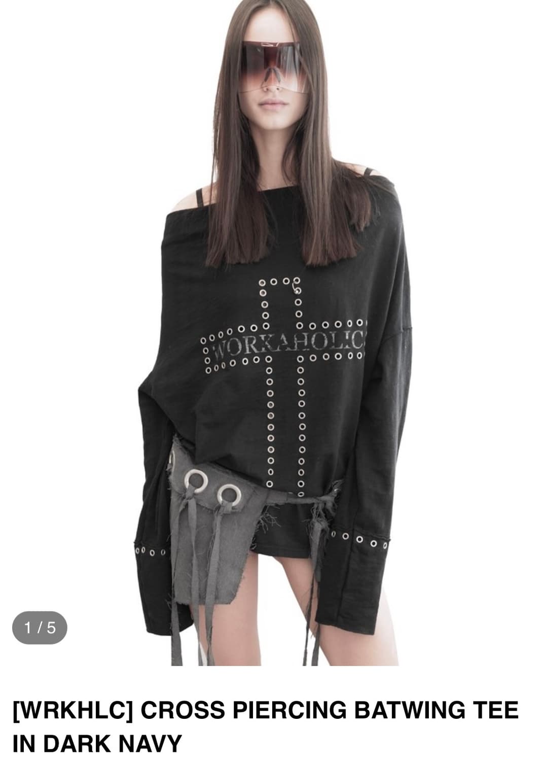 구해요) 키묘 크로스 피어싱 오프숄더 티 다크네이비 상품이미지1