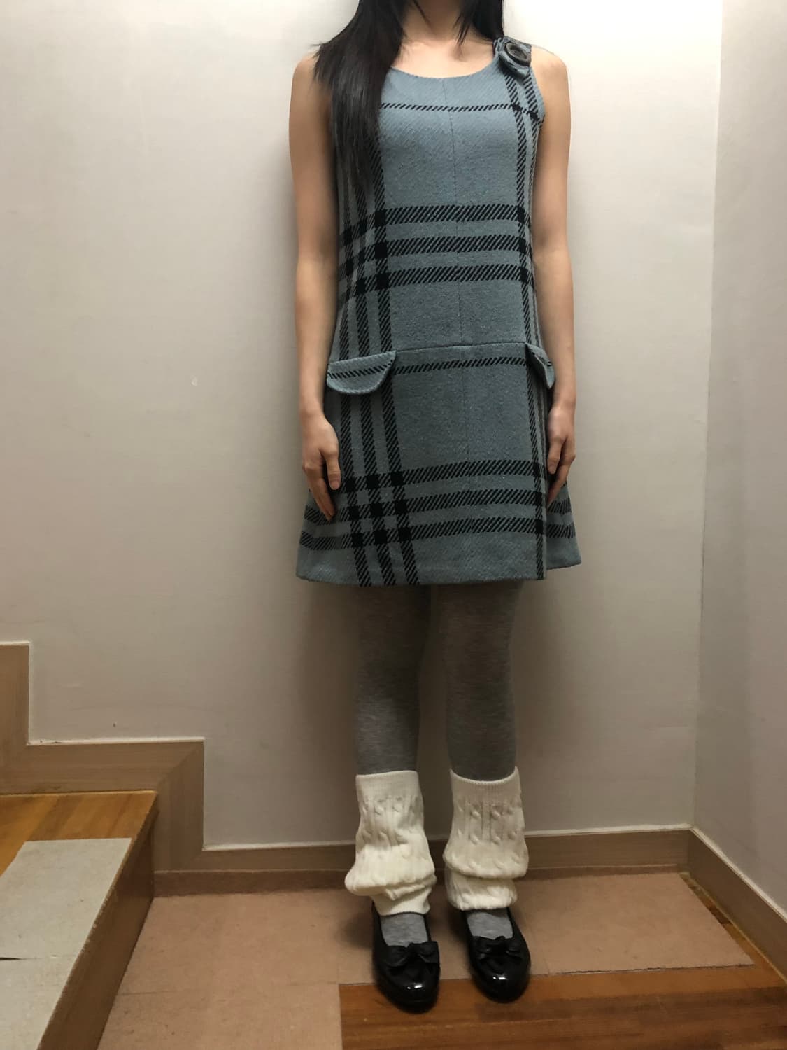 빈티지 블루 체크 포켓 울 원피스 상품이미지7