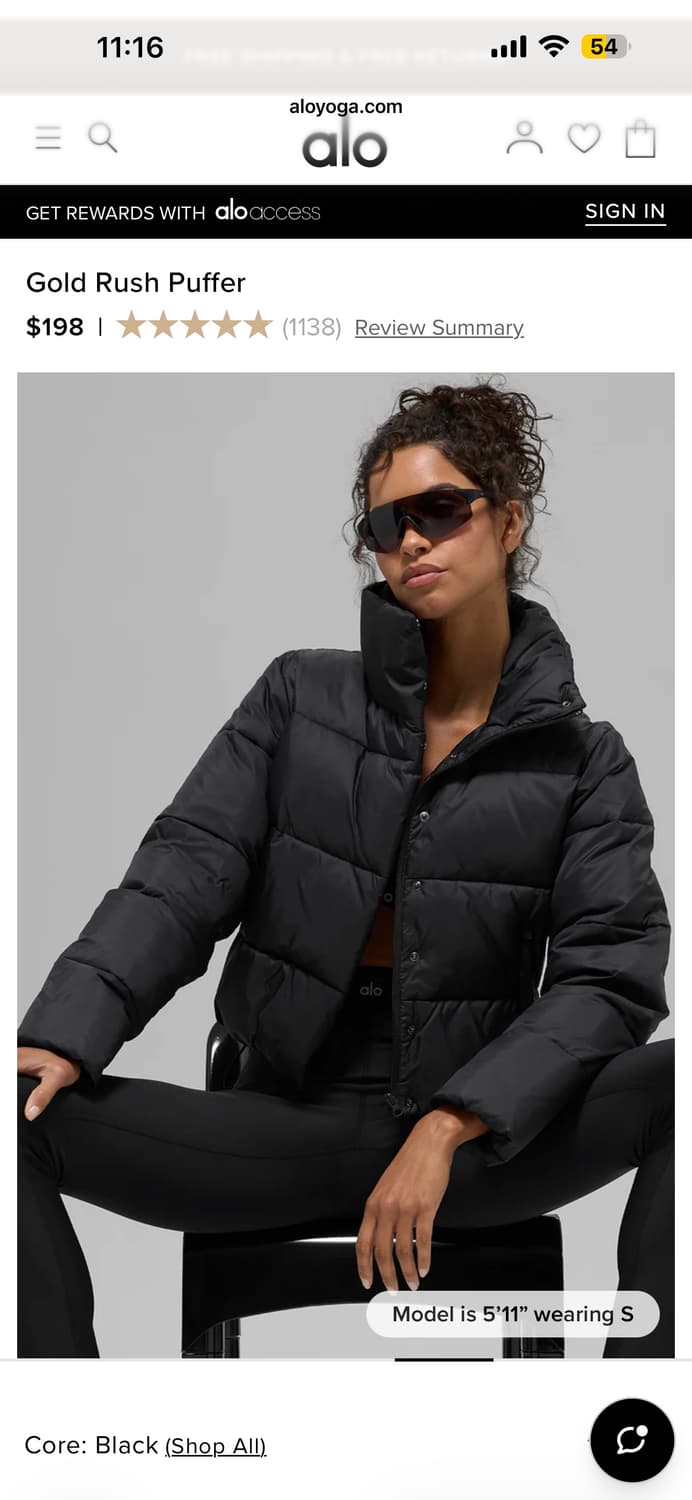 Alo yoga 알로 골드 러쉬 푸퍼 [블랙-S] 상품이미지1