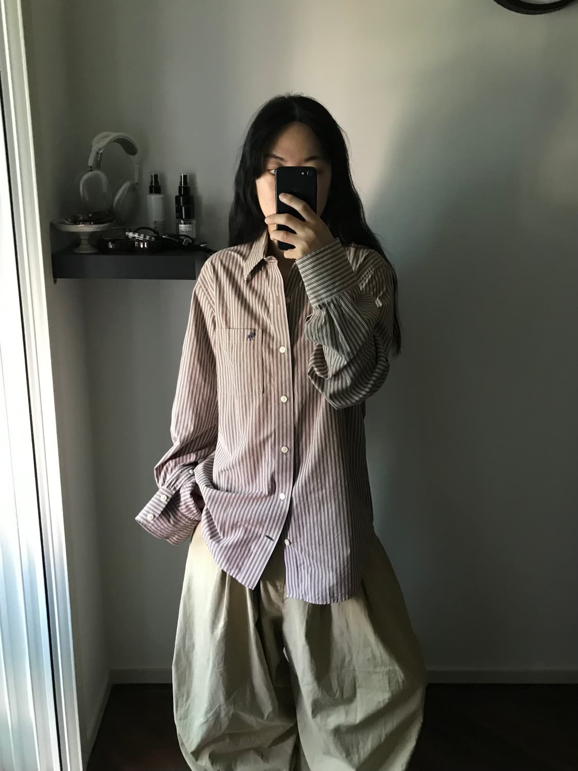 아베크롬비 산양 로고 포켓 브라운 스트라이프 셔츠 상품이미지2