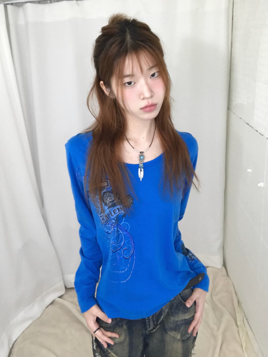 할리데이비슨 블루 페미닌 프린팅 롱슬리브 상품이미지1