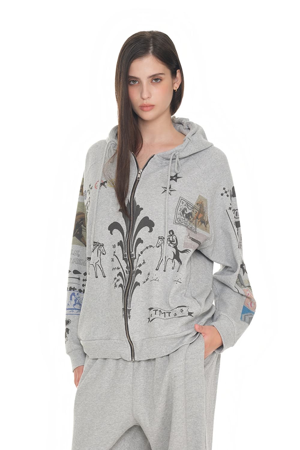 투머치택스 PRINTED WAFFLE ZIP-UP HOODIE 그레이 상품이미지1