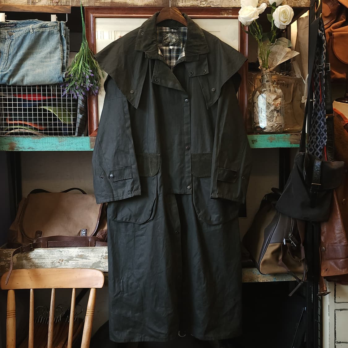 90s 잉글랜드 컨트리 왁스자켓 스톡맨 케이프 왁스코트 레인코트 그린xl 상품이미지1