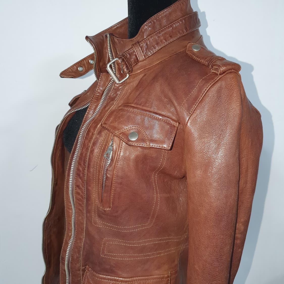 빈티지 그런지 양가죽 램스킨 딥브라운 하이넥 라이더 자켓 갸루 펑크 상품이미지3