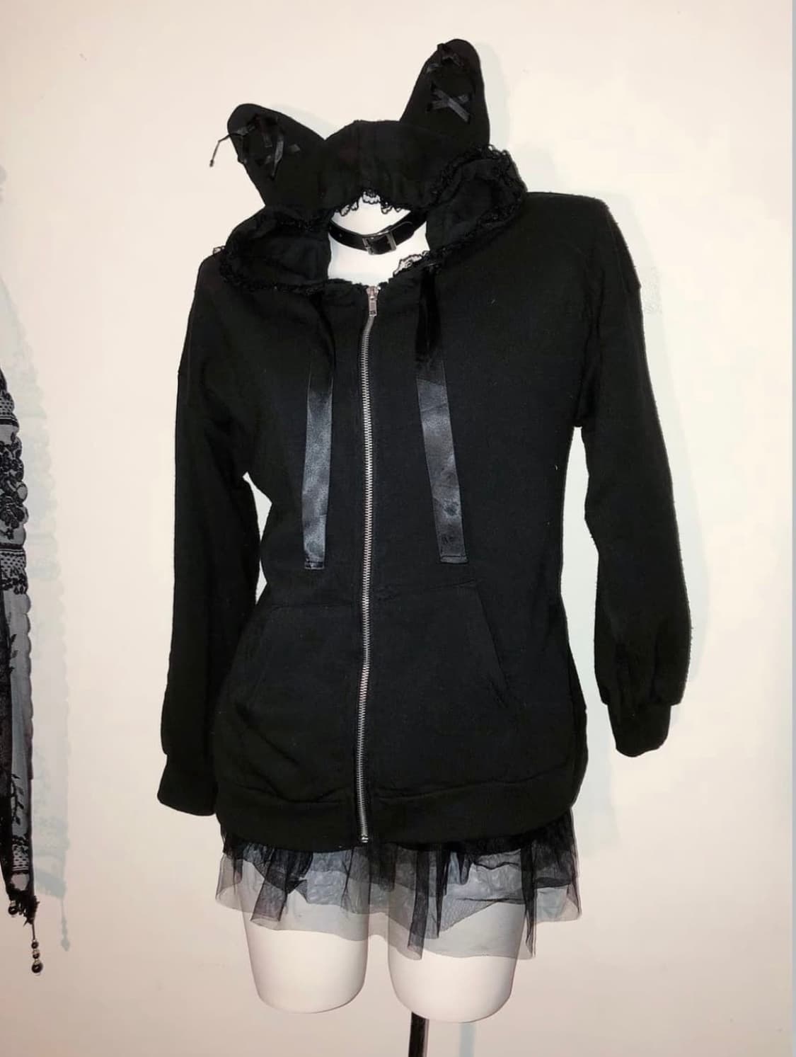 고스펑크 레이스 고양이 귀 네코 후드집업 블랙 상품이미지2