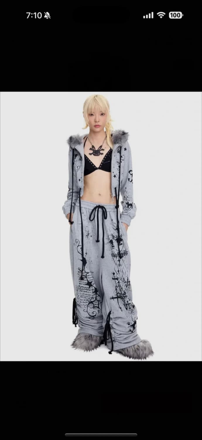 CFIERCE 씨피어스 엔젤걸 그래피티 퍼 후드집업 스웨트팬츠 셋업 세트 상품이미지5