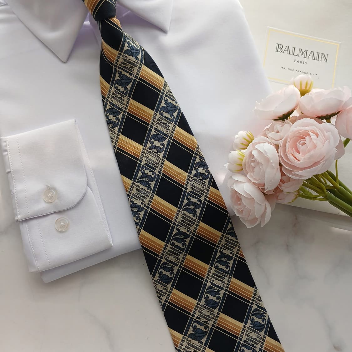 피에르 발망 실크 네이비 체크 넥타이 9.6cm A등급 A18649
 상품이미지6