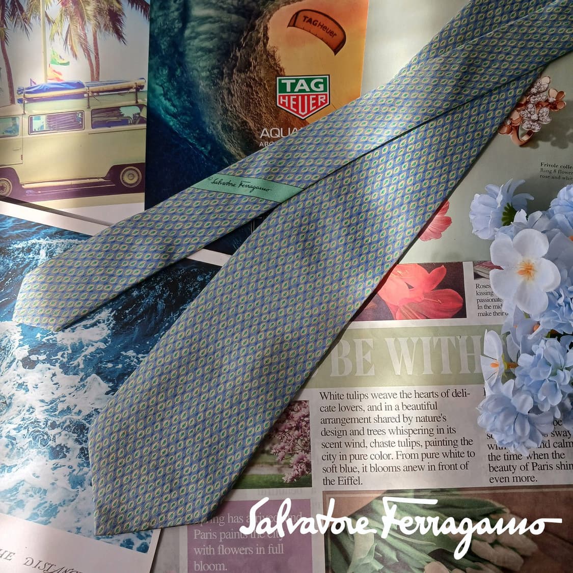 살바토레 페라가모 실크 하늘색 패턴 넥타이 9.5cm B등급 a19659 상품이미지2