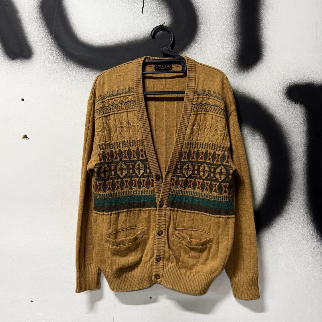 VTG 빈티지 울 100% 에스닉 패턴 브라운 브이넥 가디건 상품이미지1