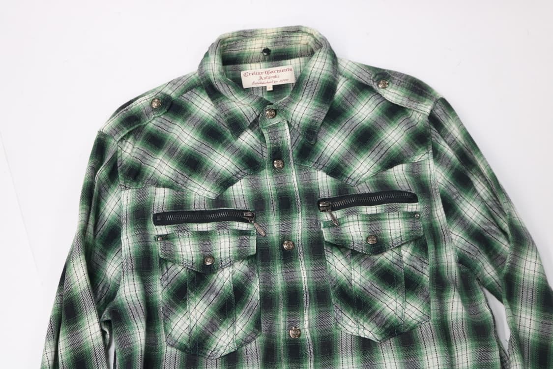 크레바 가먼츠 빈티지 그린 옴브레 체크 지퍼 웨스턴 셔츠 (L) 상품이미지3