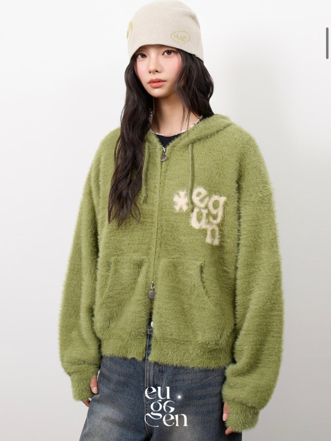 [유젠] EUG 헤어리 니트 후드 집업 (Green/사이즈2) 상품이미지6