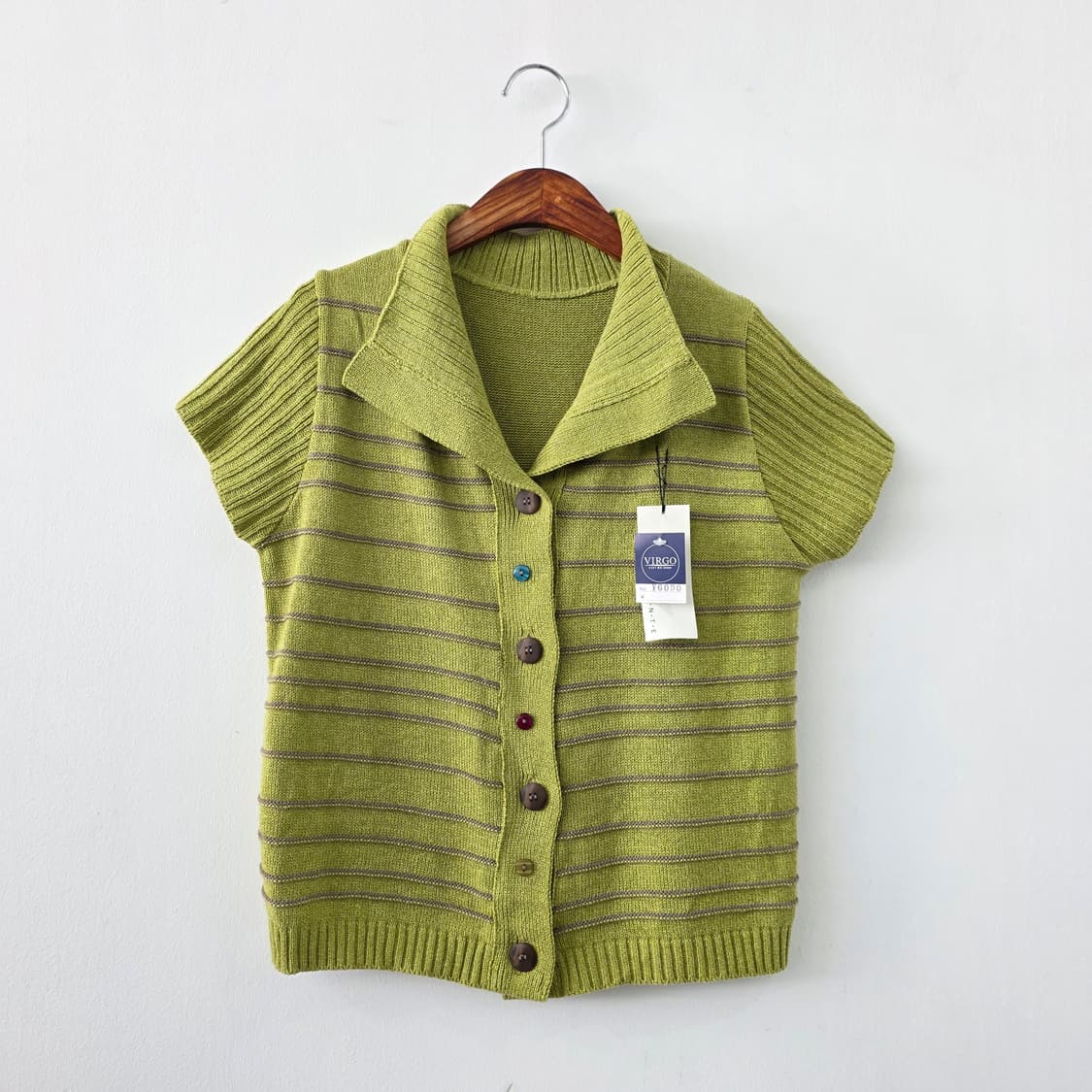 VIRGO 라이트 그린 스트라이프 니트 반팔 가디건 상품이미지1
