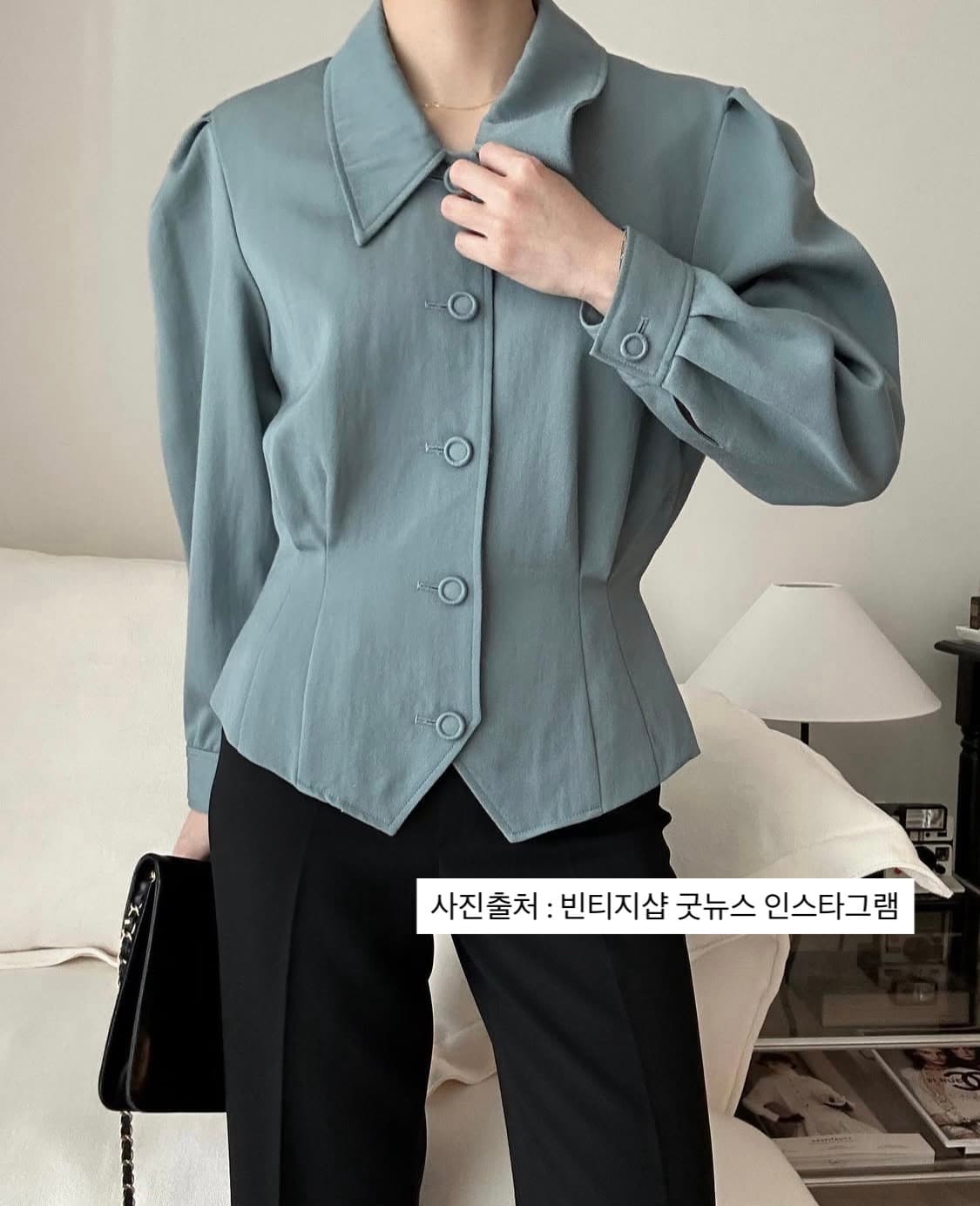 빈티지 ) 딥민트 퍼프 울 블라우스 상품이미지2