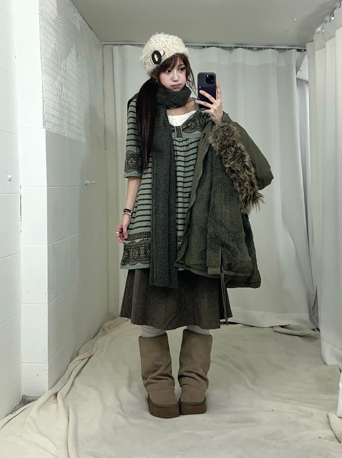 엑시즈팜 카키브라운 하구미 모리걸 겨울야상 코디세트 상품이미지2