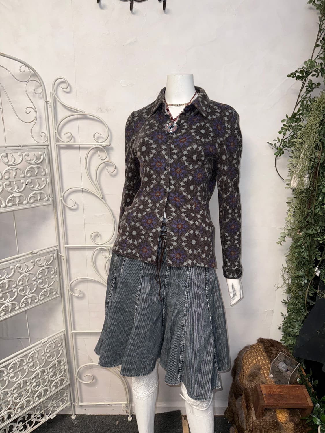 Blue brown flower pattern wool shirt 상품이미지2