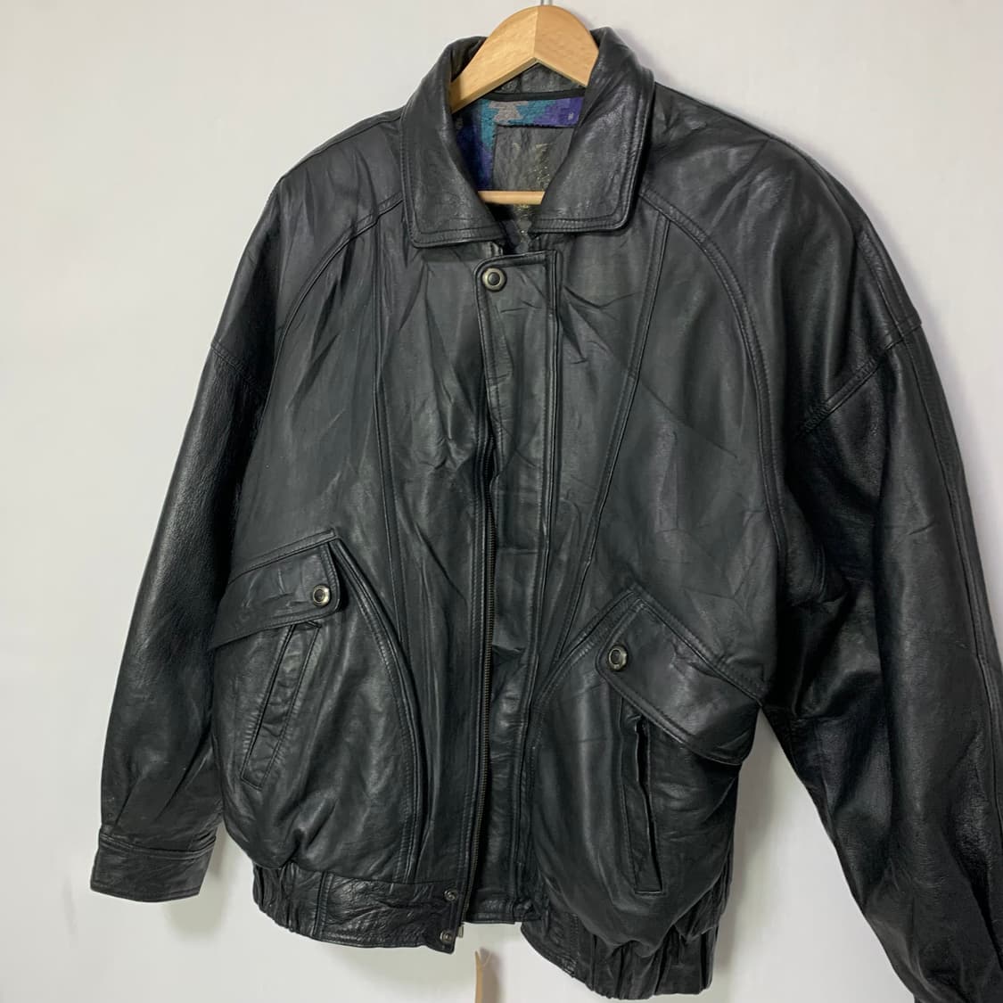 빈티지 블랙 양가죽 리얼레더 봄버 자켓 52사이즈 남녀공용 빈티지 상품이미지3