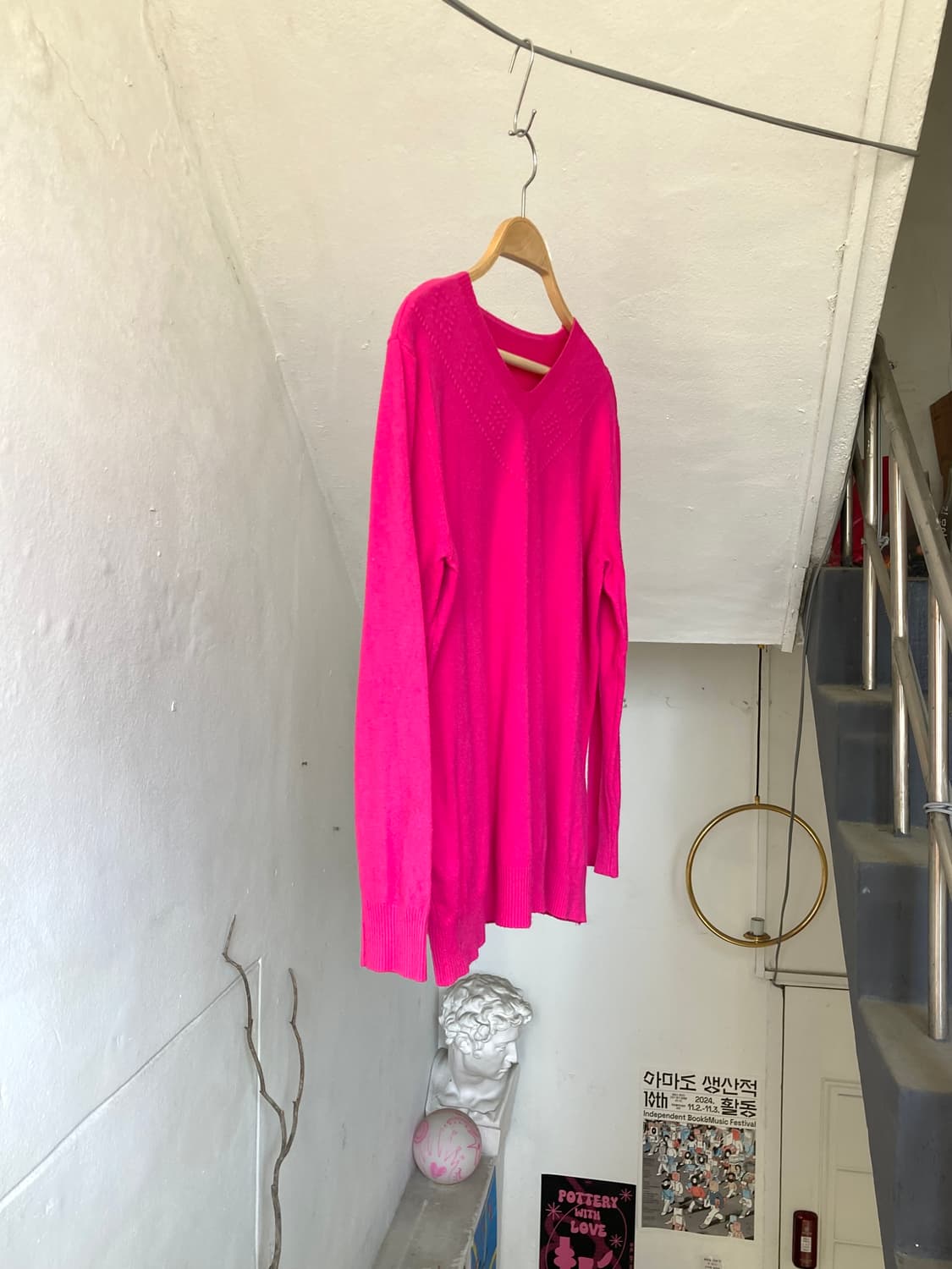 푸시아 핑크 브이넥 니트 롱슬리브 탑 상품이미지4