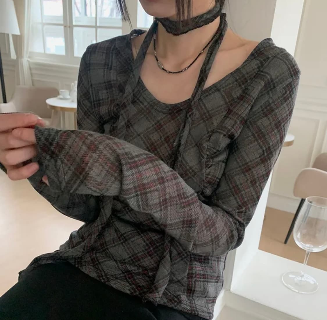 [스카프set] 펠드 체크 시스루 셔링 긴팔 티셔츠 상품이미지3