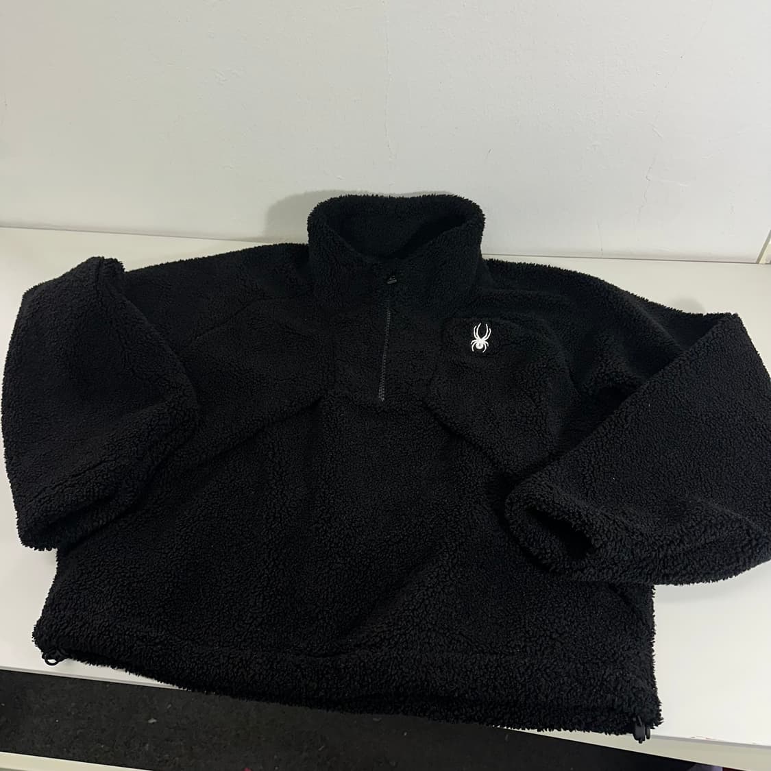 우먼OS 스파이더 블랙 오버핏 밑단스트링 반집업후리스 상품이미지1