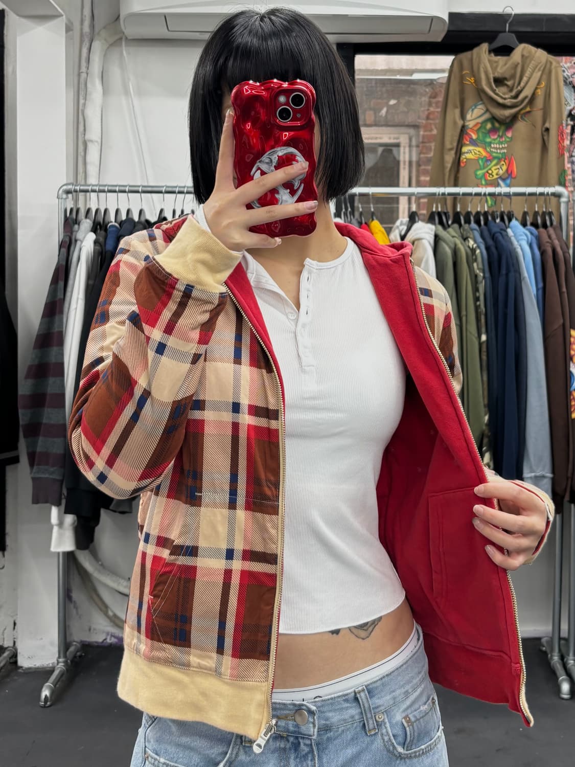 베이프 레드&체크 리버시블 후드집업 상품이미지5