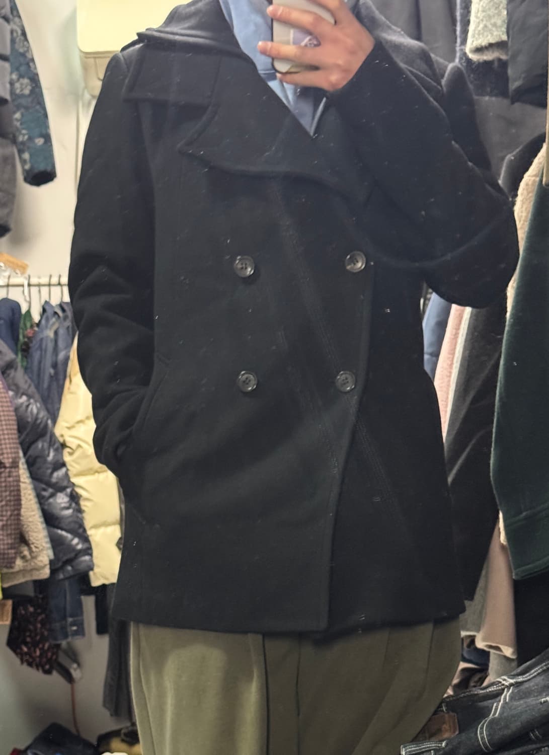 한섬 타임 Time 옴므 양가죽 배색 더블 피코트 블랙 상품이미지6